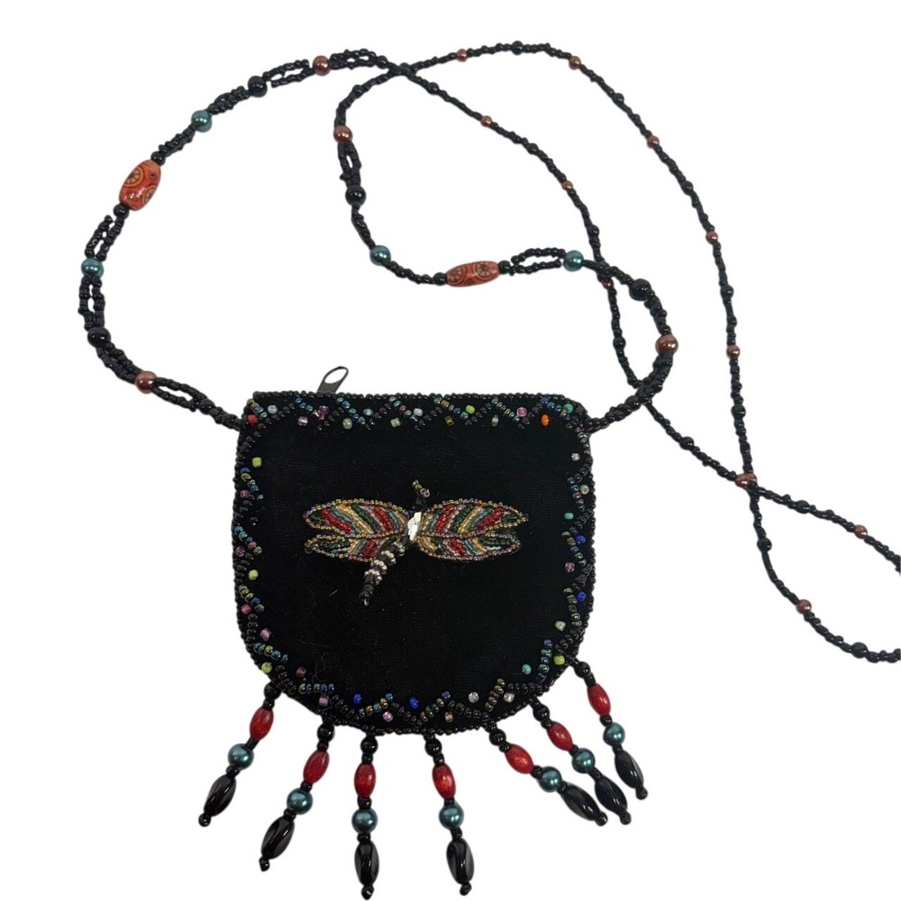 Kids Beaded Dragonfly Crossbody Pouch Black Velvet Fringe Small Treasure Bag